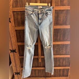 Zara Light Blue Straight Leg Jeans with Knee Rips